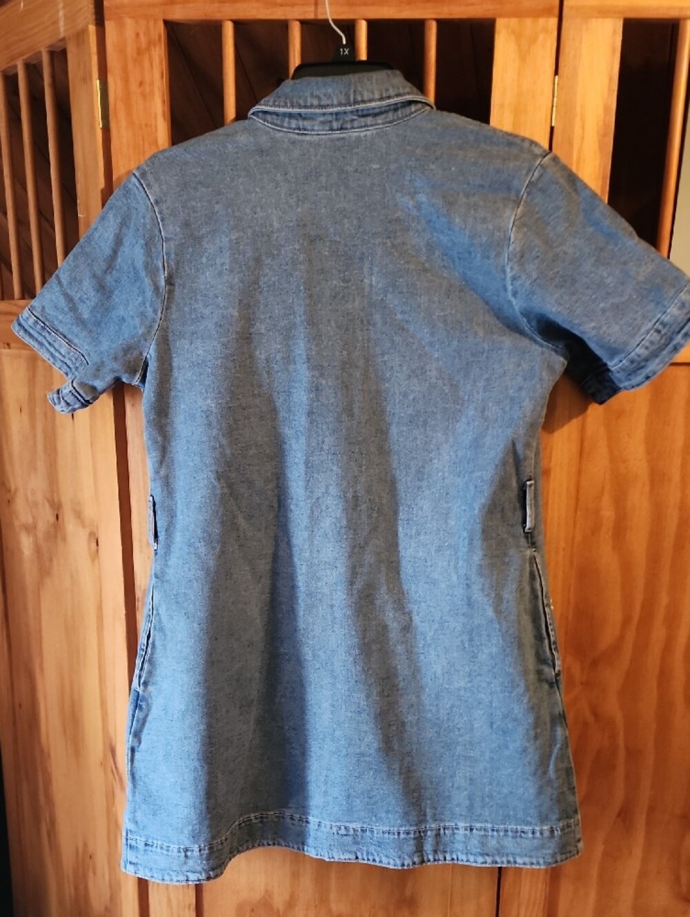 Women’s Blue Denim Button-Down Shirt Dress with White Floral Embroidery - Picture 3 of 3